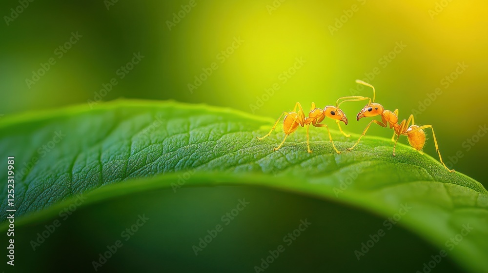 Two ants interacting on a leaf in a vibrant green forest Two ants interacting on a leaf in a vibrant green forest