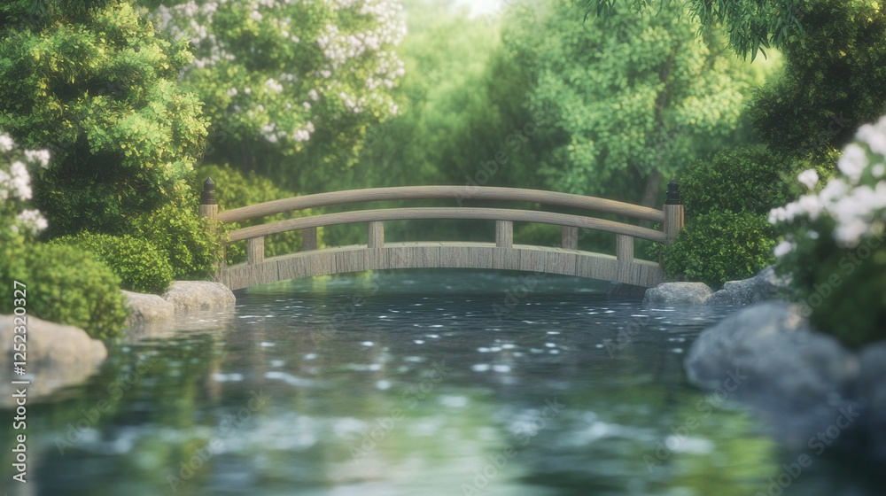 Fototapeta premium Serene Japanese Garden Bridge in Springtime