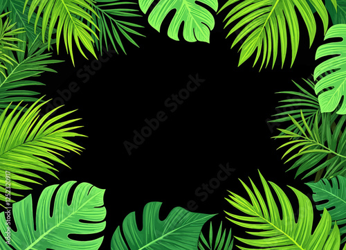 Tropical green leaves frame on black background