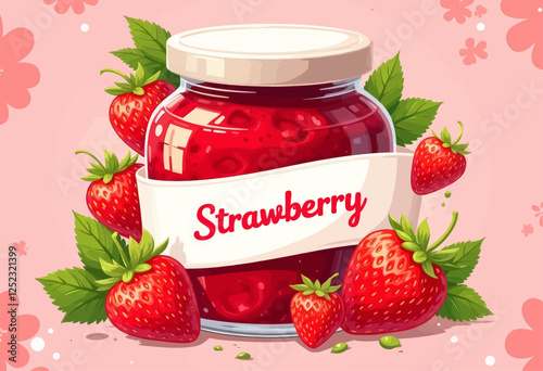 Strawberry Jam Jar with Berries on Pink Floral Background