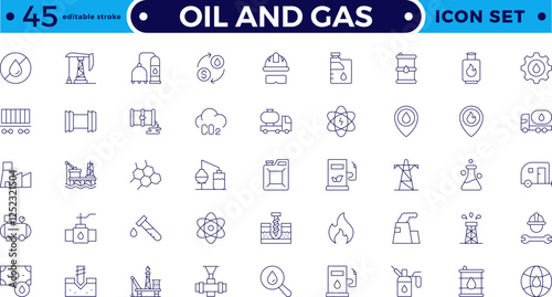 Oil and gas thin line web icon set. Outline icons collection. Oil and Gas icon set. Containing fuel, refinery, petroleum, oil well, gas pump, offshore platform, lubricant. Editable stroke outline icon