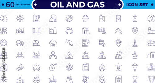 Oil and gas thin line web icon set. Outline icons collection. Oil and Gas icon set. Containing fuel, refinery, petroleum, oil well, gas pump, offshore platform, lubricant. Editable stroke outline icon
