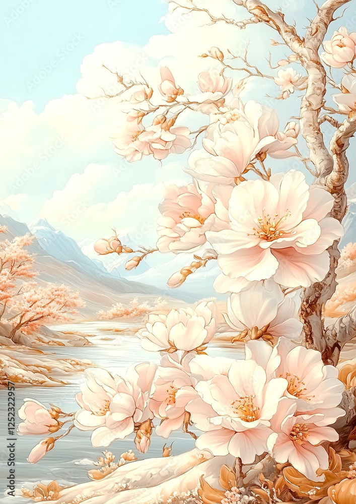 A painting of a river with a tree in the foreground and a bunch of pink flowers in the background