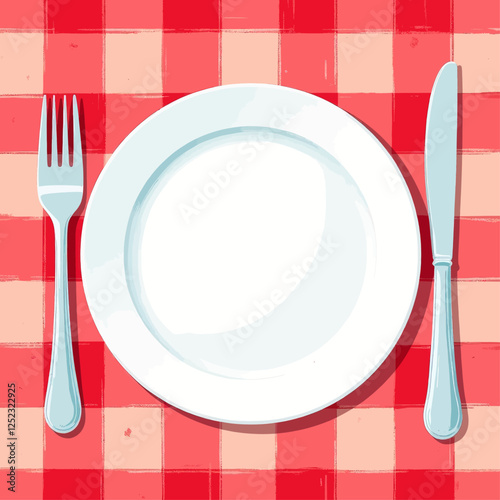 Place setting on a red and white checkered tablecloth