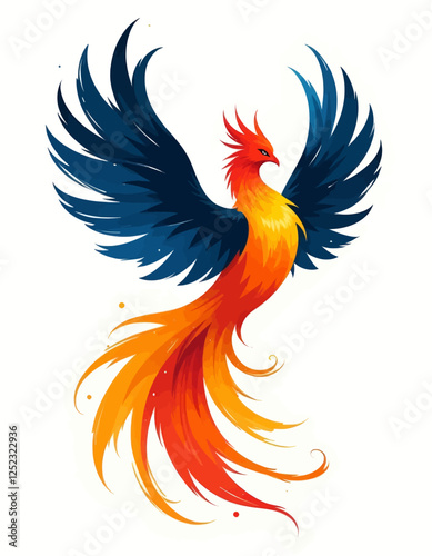 Phoenix with fiery orange plumage and dark blue wings