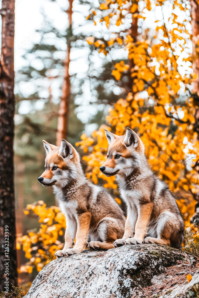 Fototapeta premium Playful Wolf Cubs Amongst Tall Trees.