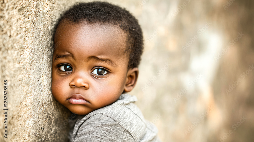 Sad Little African Boy Leaning Against Mud Wall, Looking Away from Pregnant Mother. Sad Little African Boy Leaning Against Mud Wall, Looking Away from Pregnant Mother.