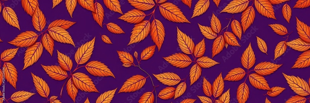 Obraz premium A stylized pattern of dry orange metallic leaves on a deep violet background with intricate details and layered compositions, natural motifs, layered elements, floral patterns
