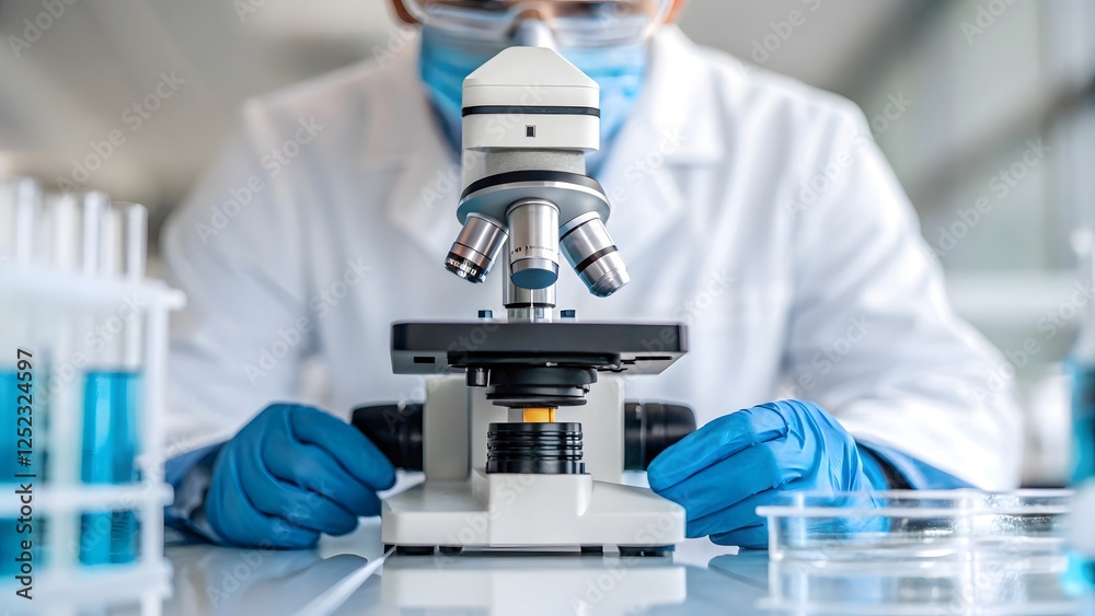 Scientist in Protective Gear Using a Microscope for Medical and Scientific Research in a Laboratory