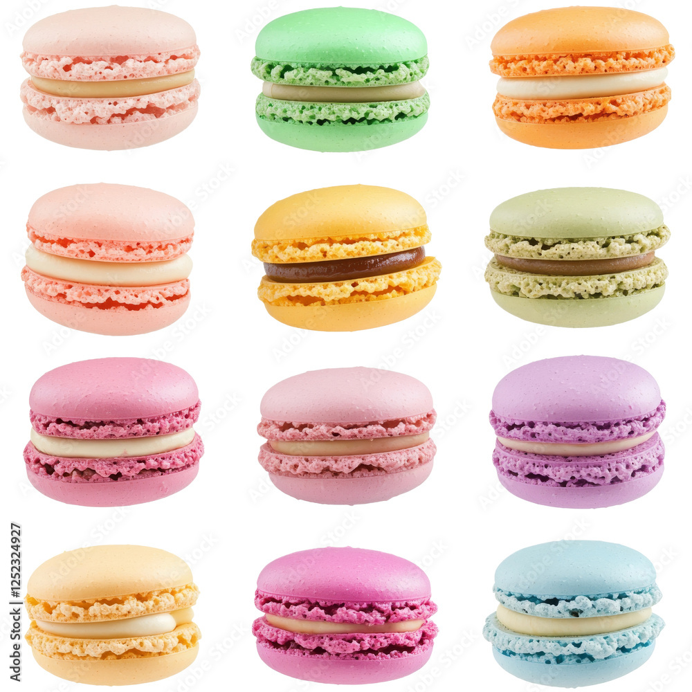 Delicious colorful macarons arranged in grid, showcasing various flavors and vibrant hues. These sweet treats are perfect for dessert lovers and special occasions Delicious colorful macarons arranged in grid, showcasing various flavors and vibrant hues. These sweet treats are perfect for dessert lovers and special occasions