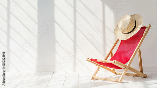 A red beach chair with a straw hat on top of it