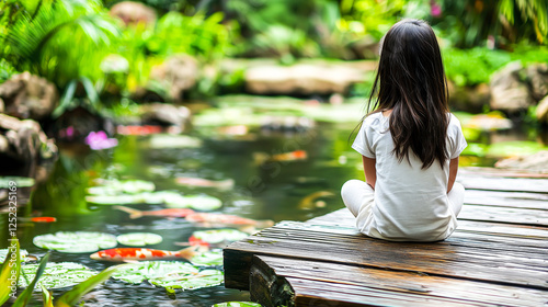 Sad Little Japanese Girl Sitting on Wooden Bridge Near Koi Pond.