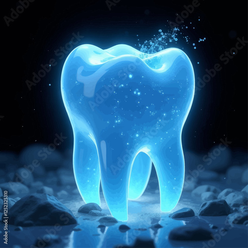 Glowing Blue Tooth on Rocks with Bubbles