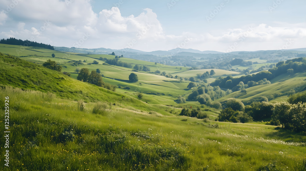 Scenic Countryside Path Through Rolling Hills and Fields with Sheep Grazing on a Cloudy Day