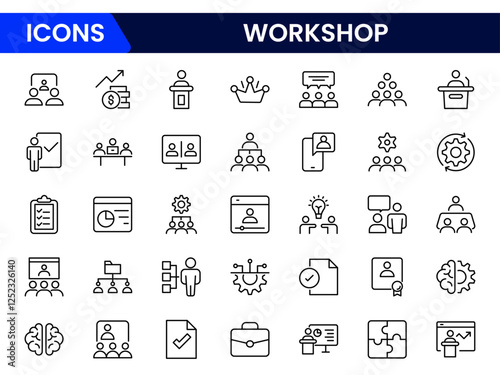 Set of Workshop and Coaching line icons. Outline icon collection related to training, coaching, mentoring, education, meetings, conferences, and teamwork.