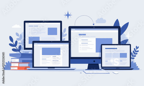 Digital devices with cloud connection and books surrounded by leaves