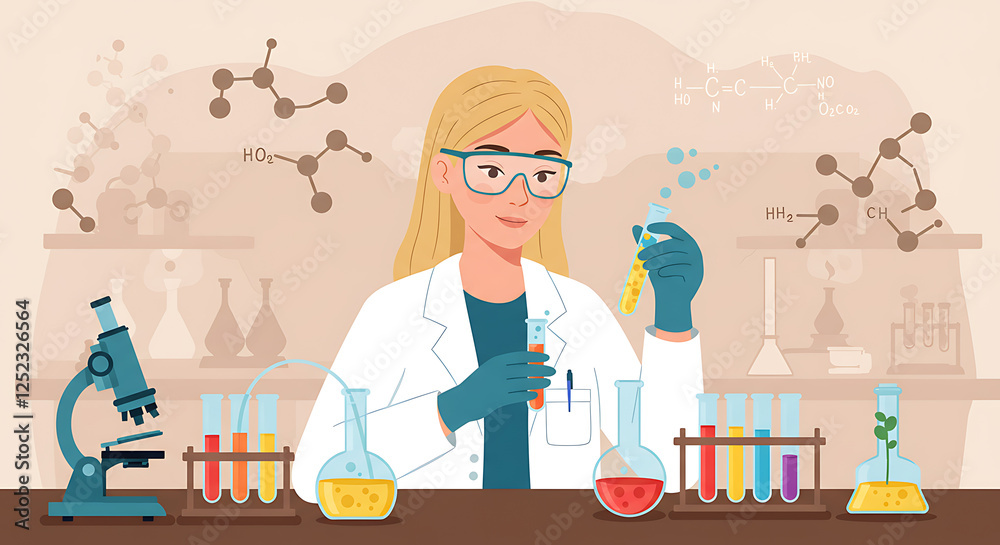 Female Scientist in a Laboratory Conducting Experiments with Test Tubes and Microscopes Female Scientist in a Laboratory Conducting Experiments with Test Tubes and Microscopes