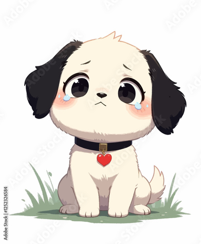 Crying Cartoon Puppy with a Red Heart Collar Charm