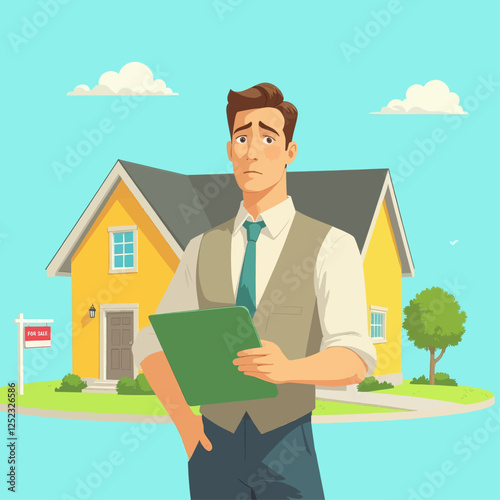 Concerned Cartoon Agent with a Yellow For Sale House