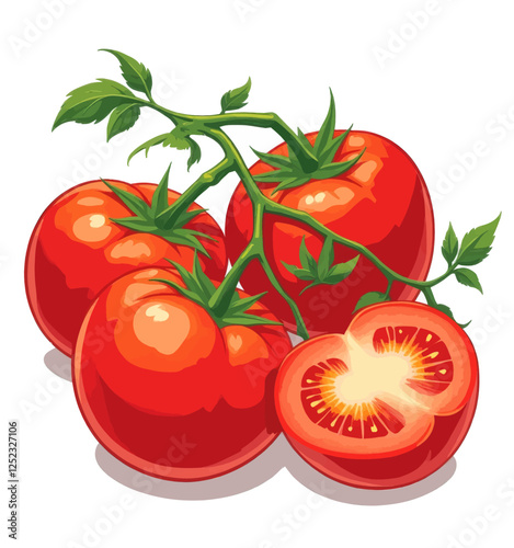 Cluster of Tomatoes on the Vine, One Tomato Sliced in Half