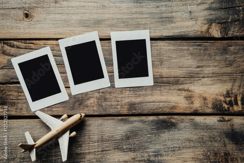 Travel Memories with Polaroids and Toy Airplane on Wooden Surface