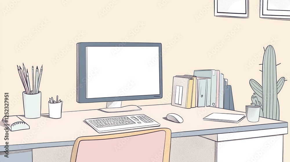 Fototapeta premium Pastel Workspace Illustration; Computer, Desk, Plants, Office Scene; Digital Art, Ideal for Backgrounds