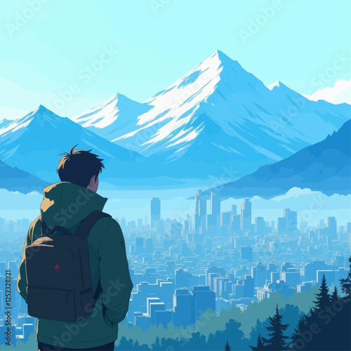 Backpacker Gazing at Distant Snow-Capped Mountains and Cityscape