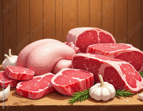 Assortment of Meats with Garlic and Rosemary on Wood Surface