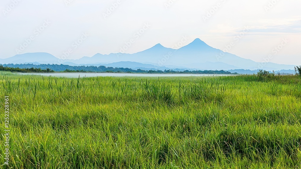 Panoramic View Of Lush Green Marshland With Distant Mountains Panoramic View Of Lush Green Marshland With Distant Mountains