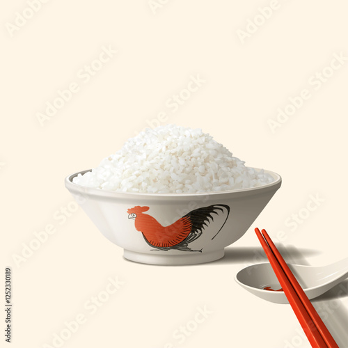 Chinese Rooster Bowl with Rice, Spoon, Chopsticks and Window Shadows Realistic Illustration