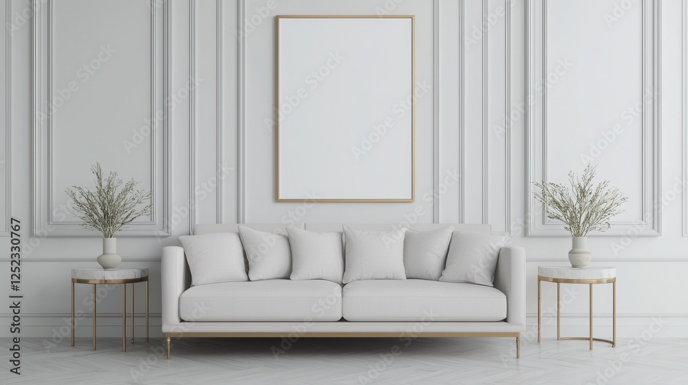 Fototapeta premium A minimalistic living room featuring a light-colored sofa, elegant side tables, and an empty frame against a soft pastel wall.