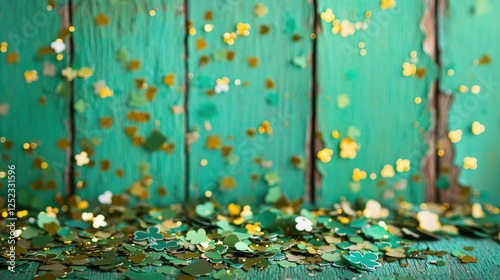 Festive green and gold shamrock confetti on rustic wooden surface