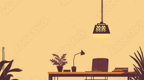 Empty office desk, late afternoon, minimalist, interior, 2000 photo