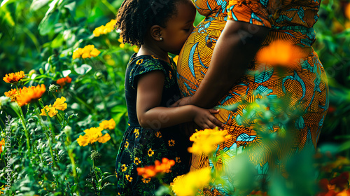 Close-Up of African Girl and Mother, Loving Moment in a Garden. photo