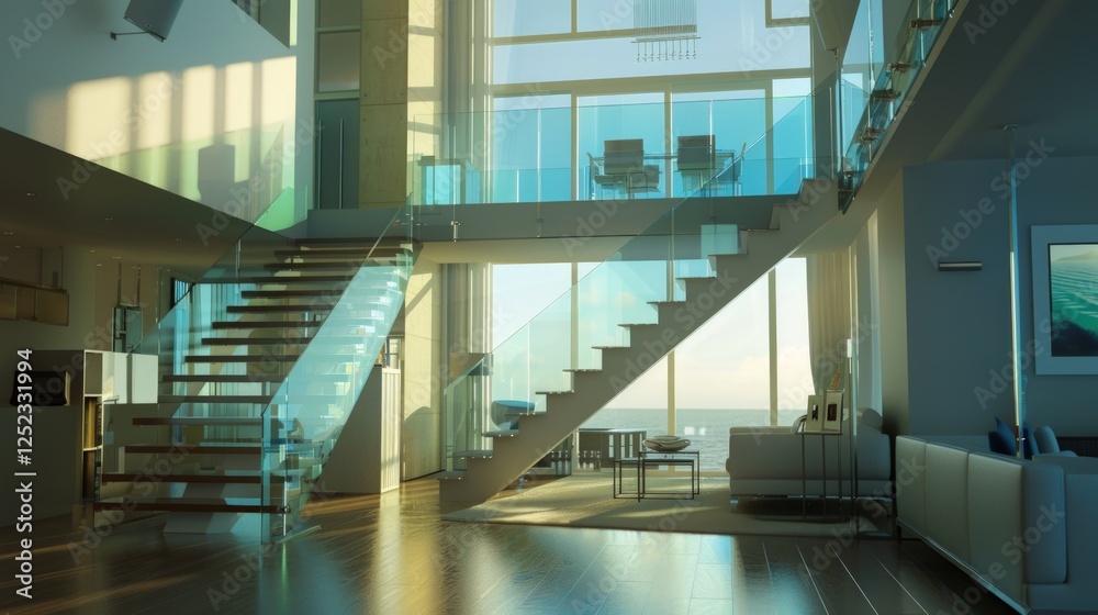 Obraz premium Modern Luxury Penthouse with Ocean View: Sunrise in a Glass Staircase
