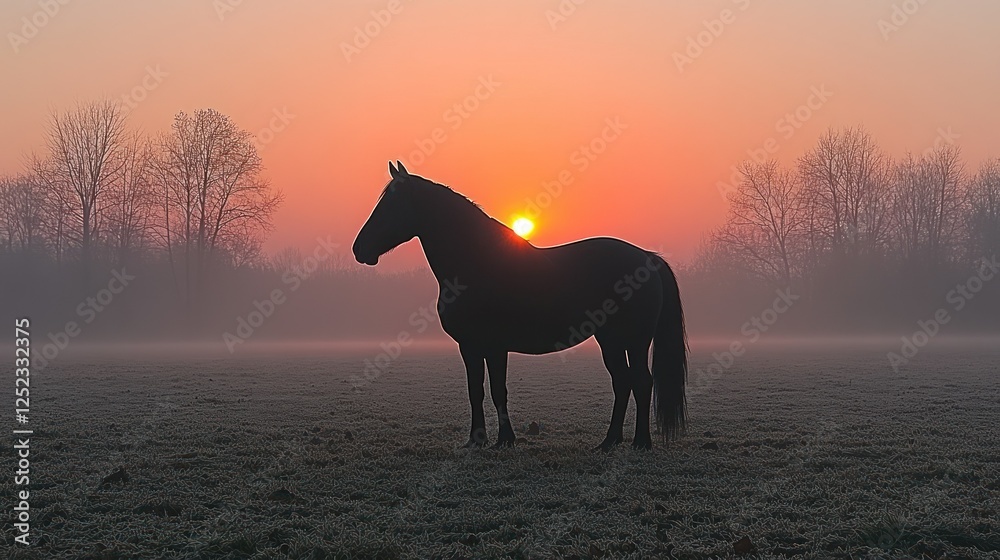 Silhouette of a Horse at Sunrise in a Misty Field Silhouette of a Horse at Sunrise in a Misty Field