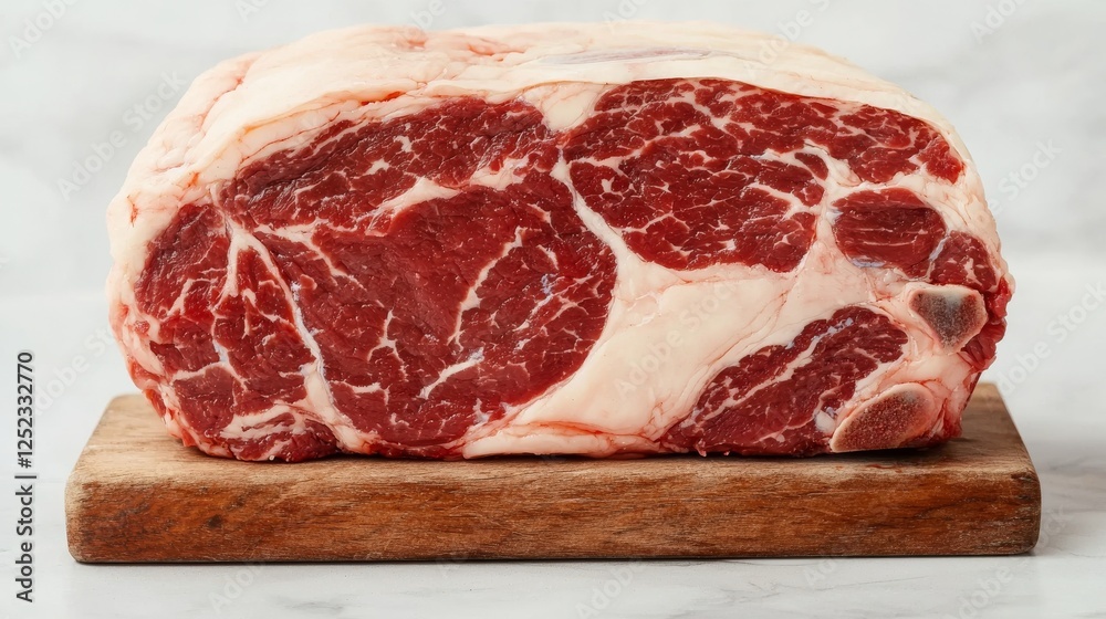 A large raw rib eye steak sits on a rustic wooden cutting board, ready for cooking. A large raw rib eye steak sits on a rustic wooden cutting board, ready for cooking.
