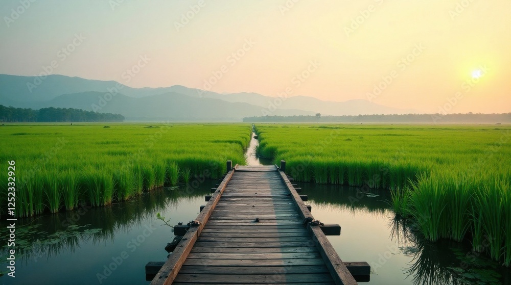 Obraz premium Serene Sunrise Over Lush Green Paddy Fields, Wooden Footbridge Leading to Distant Mountains