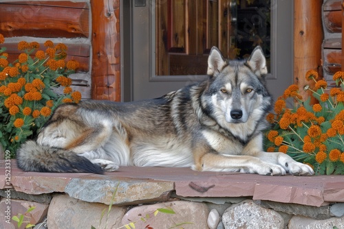 A wolf dog lounges gracefully on a porch surrounded by vibrant orange flowers, showcasing a serene and rustic outdoor scene. photo