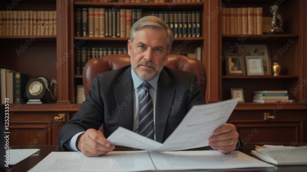Confident Businessman Reviewing Documents in Executive Office Setting Confident Businessman Reviewing Documents in Executive Office Setting
