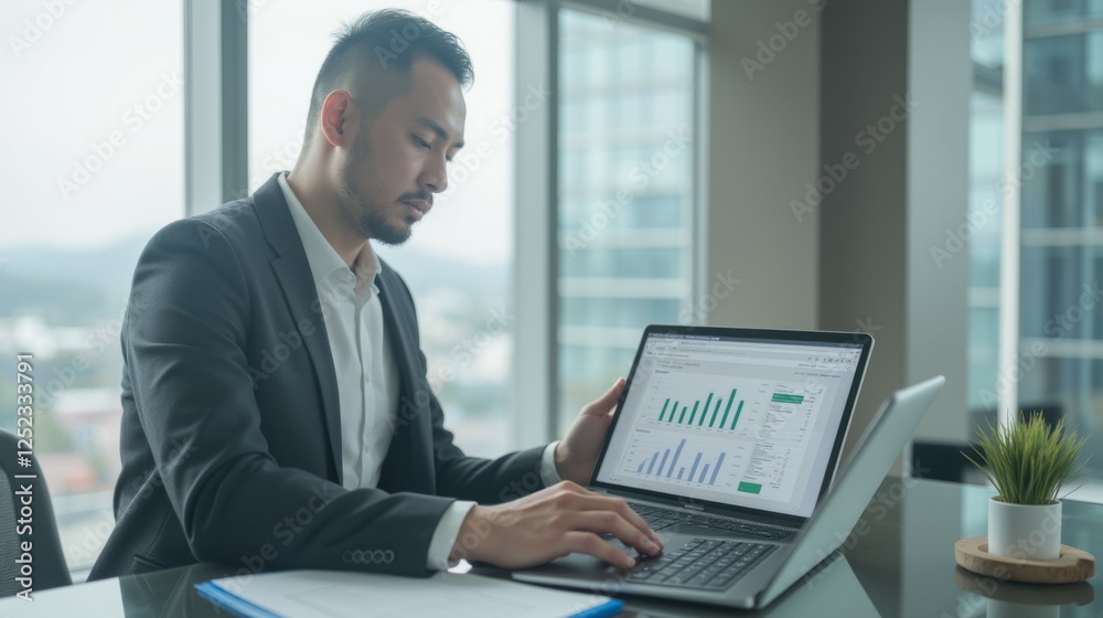 Professional Businessman Analyzing Graphs on Laptop in Office Space Professional Businessman Analyzing Graphs on Laptop in Office Space