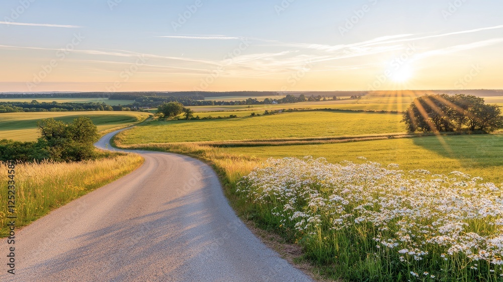 Naklejka premium A scenic country road winds through vibrant green fields, illuminated by the golden rays of a setting sun, wildflowers blooming along the roadside.