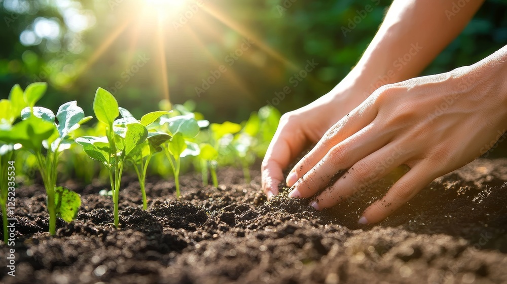 Hands Tending to Young Plants in Rich Soil Under a Bright Sunlight Hands Tending to Young Plants in Rich Soil Under a Bright Sunlight