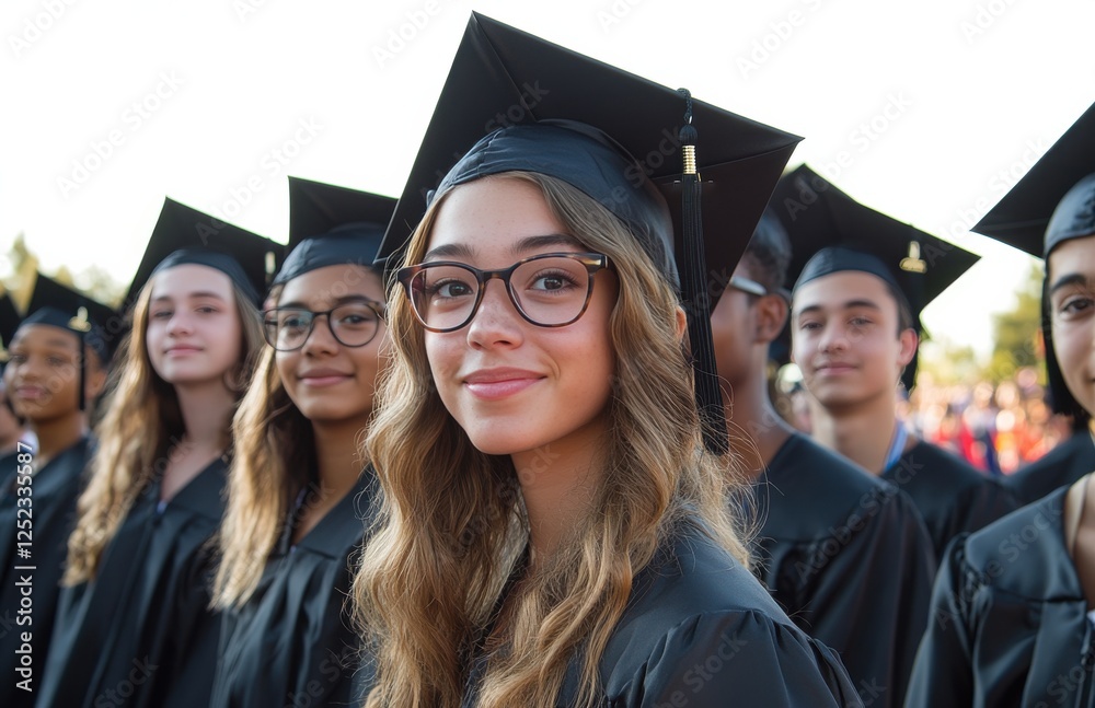 A group of people wearing graduation caps and gowns are smiling for the camera A group of people wearing graduation caps and gowns are smiling for the camera