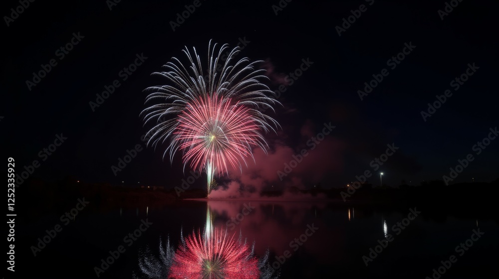 Vibrant Fireworks Display Reflected in Calm Water at Night Sky Vibrant Fireworks Display Reflected in Calm Water at Night Sky