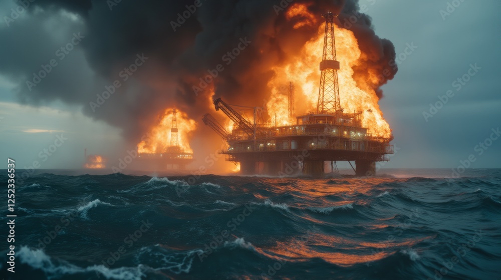 Fototapeta premium Dramatic Oil Rig Blaze in Turbulent Oceanic Environment