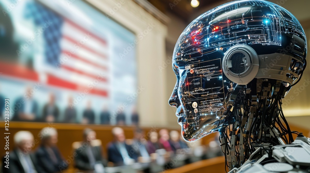 Obraz premium Humanoid Robot Standing Before Audience in Futuristic Setting