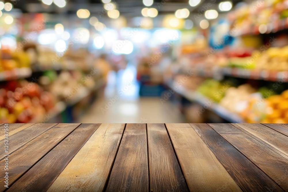 Wooden Table in Front of a Blurred Grocery Store Aisle Wooden Table in Front of a Blurred Grocery Store Aisle