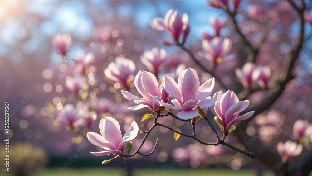 Fototapeta premium Delicate pink magnolia blossoms in full bloom on a sunny spring day