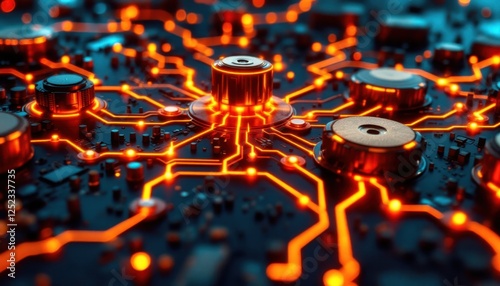 Futuristic circuit board with glowing orange connections and central hub